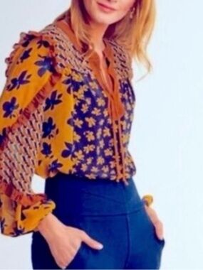 Cabi Golden eye Harmony Blouse Floral Ruffle Boho Mixed Print